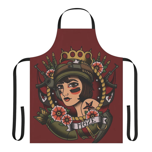 A tattoo-style portrait of Moze, the Gunner from Borderlands, printed on a high-quality apron.