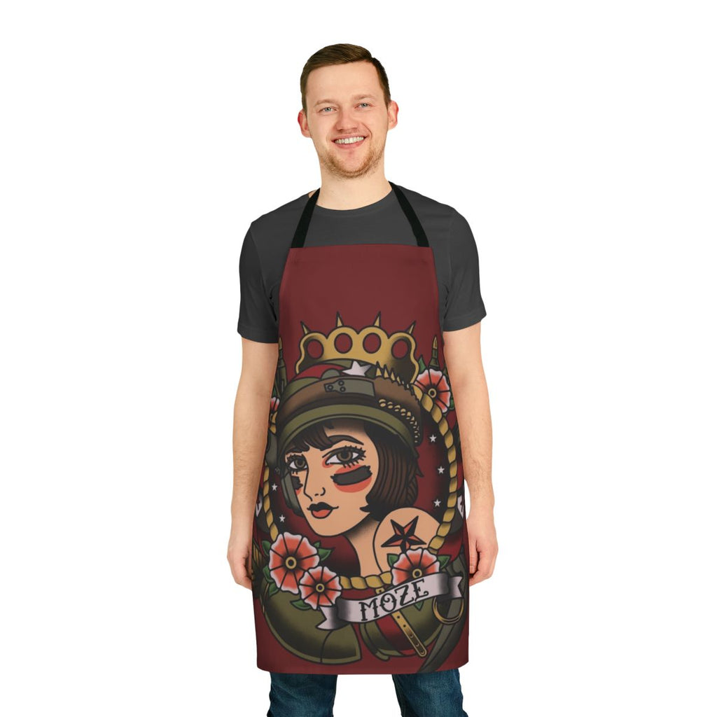 A tattoo-style portrait of Moze, the Gunner from Borderlands, printed on a high-quality apron.