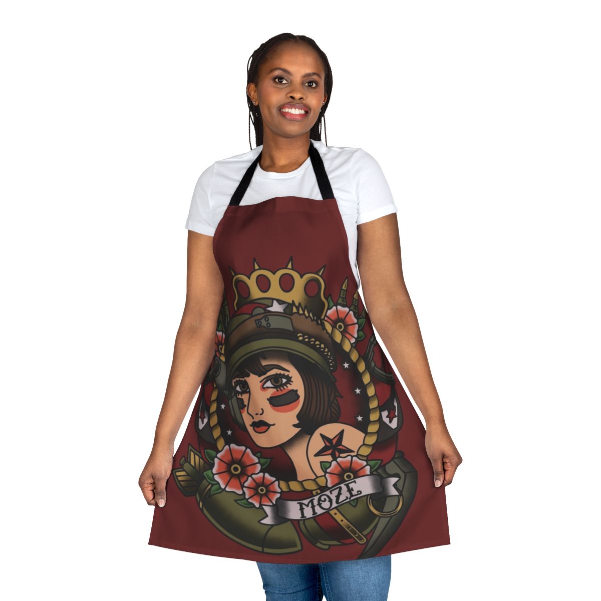 A tattoo-style portrait of Moze, the Gunner from Borderlands, printed on a high-quality apron.
