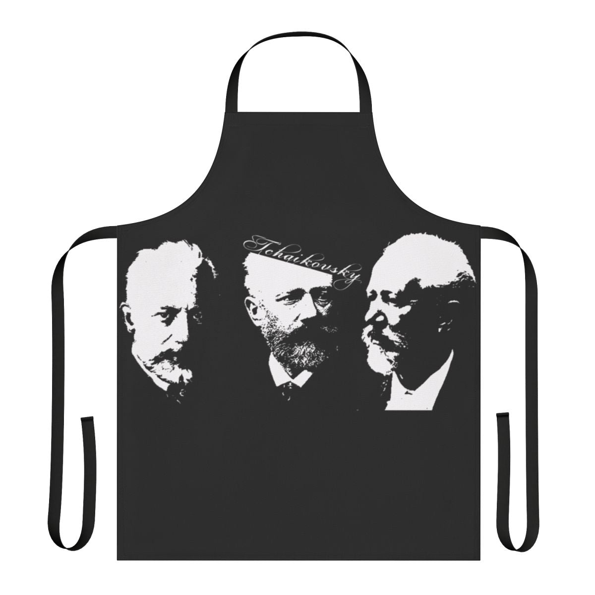 An apron with a Tchaikovsky-inspired design, featuring musical notes, a bee, and text about musician problems.