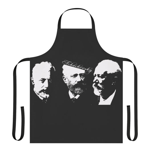 An apron with a Tchaikovsky-inspired design, featuring musical notes, a bee, and text about musician problems.