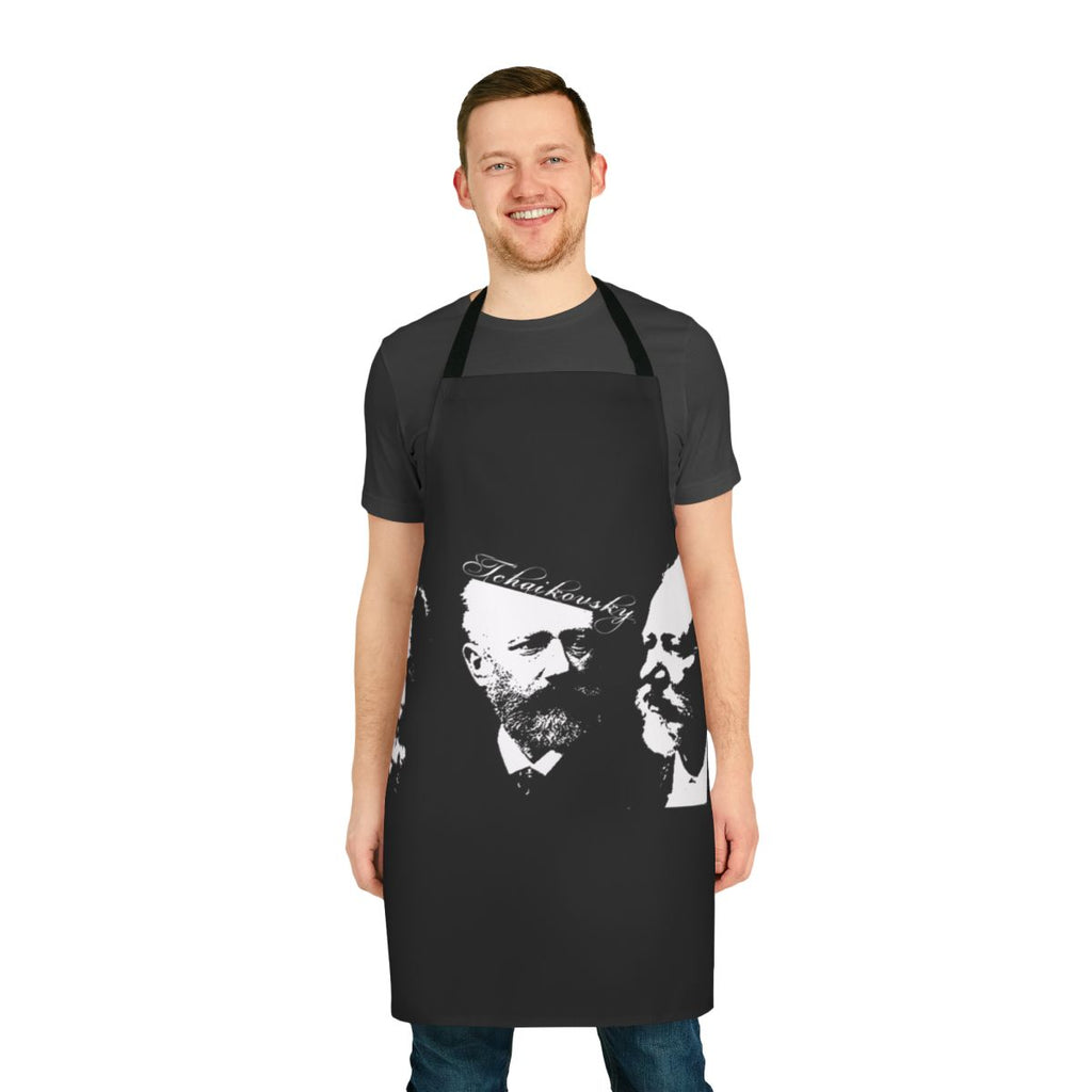 An apron with a Tchaikovsky-inspired design, featuring musical notes, a bee, and text about musician problems.