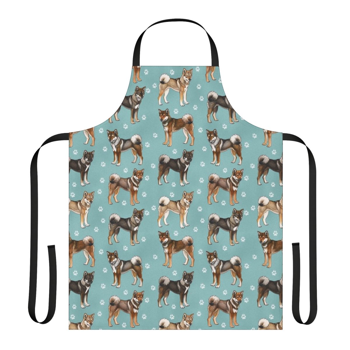 Teal apron with a graphic of a Shikoku dog, a rare Japanese hunting breed.