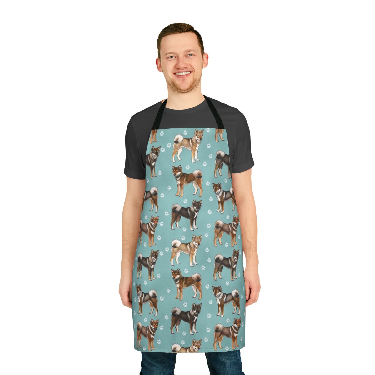 Teal apron with a graphic of a Shikoku dog, a rare Japanese hunting breed.