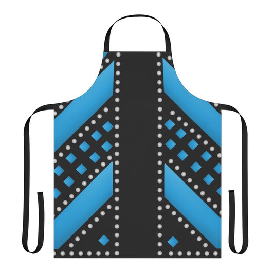 Teal costume apron featuring designs inspired by the characters of the musical Six