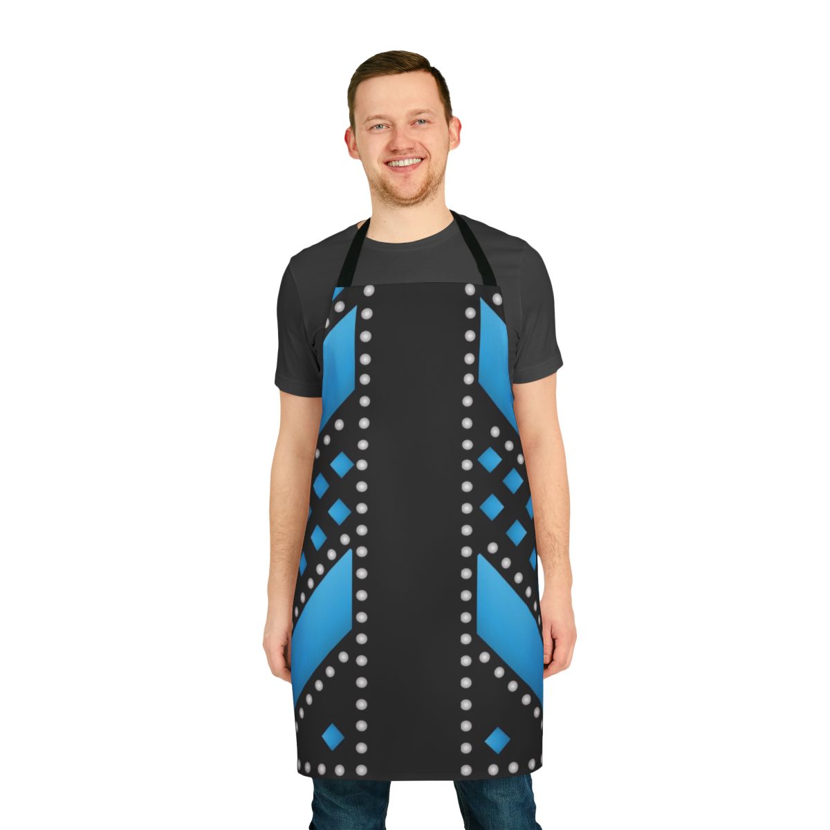 Teal costume apron featuring designs inspired by the characters of the musical Six
