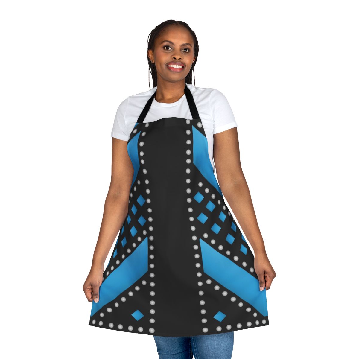 Teal costume apron featuring designs inspired by the characters of the musical Six