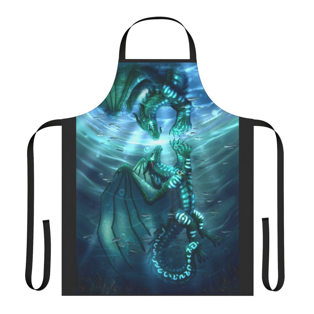 Teal dragon and turtle design printed on a high-quality apron
