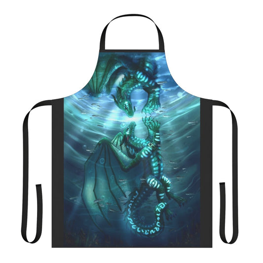 Teal dragon and turtle design printed on a high-quality apron