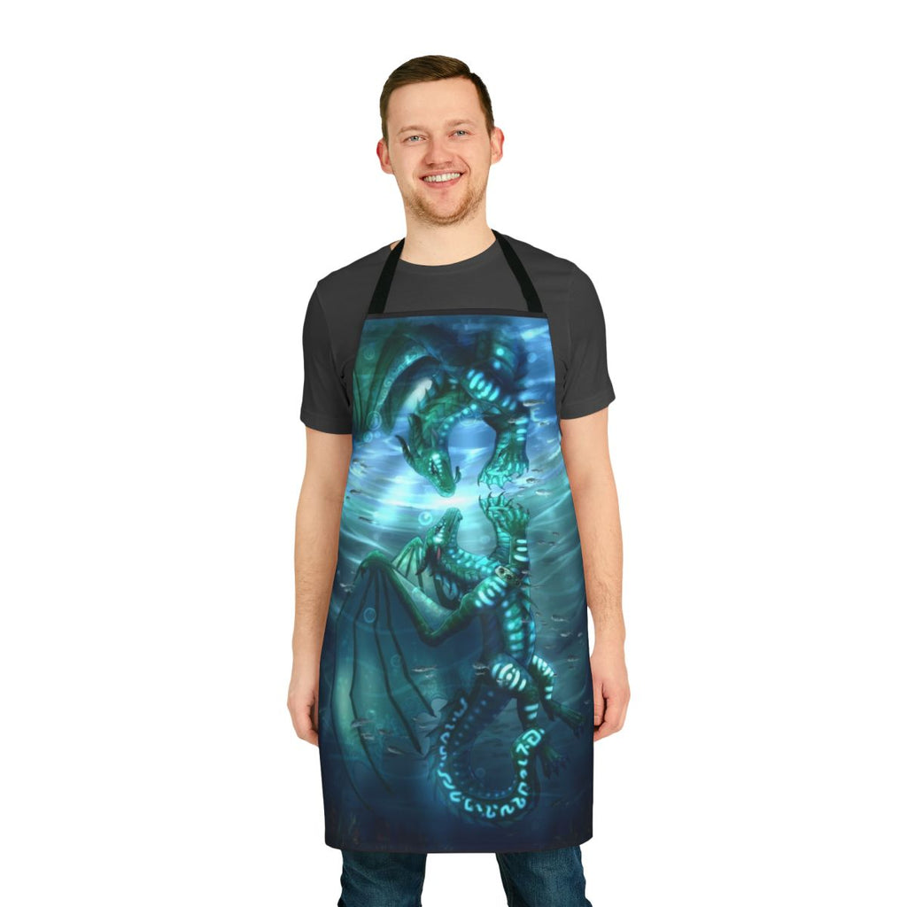 Teal dragon and turtle design printed on a high-quality apron