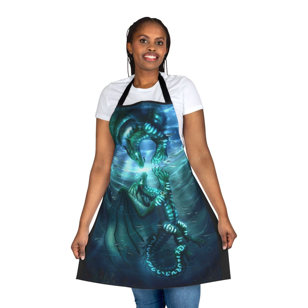Teal dragon and turtle design printed on a high-quality apron