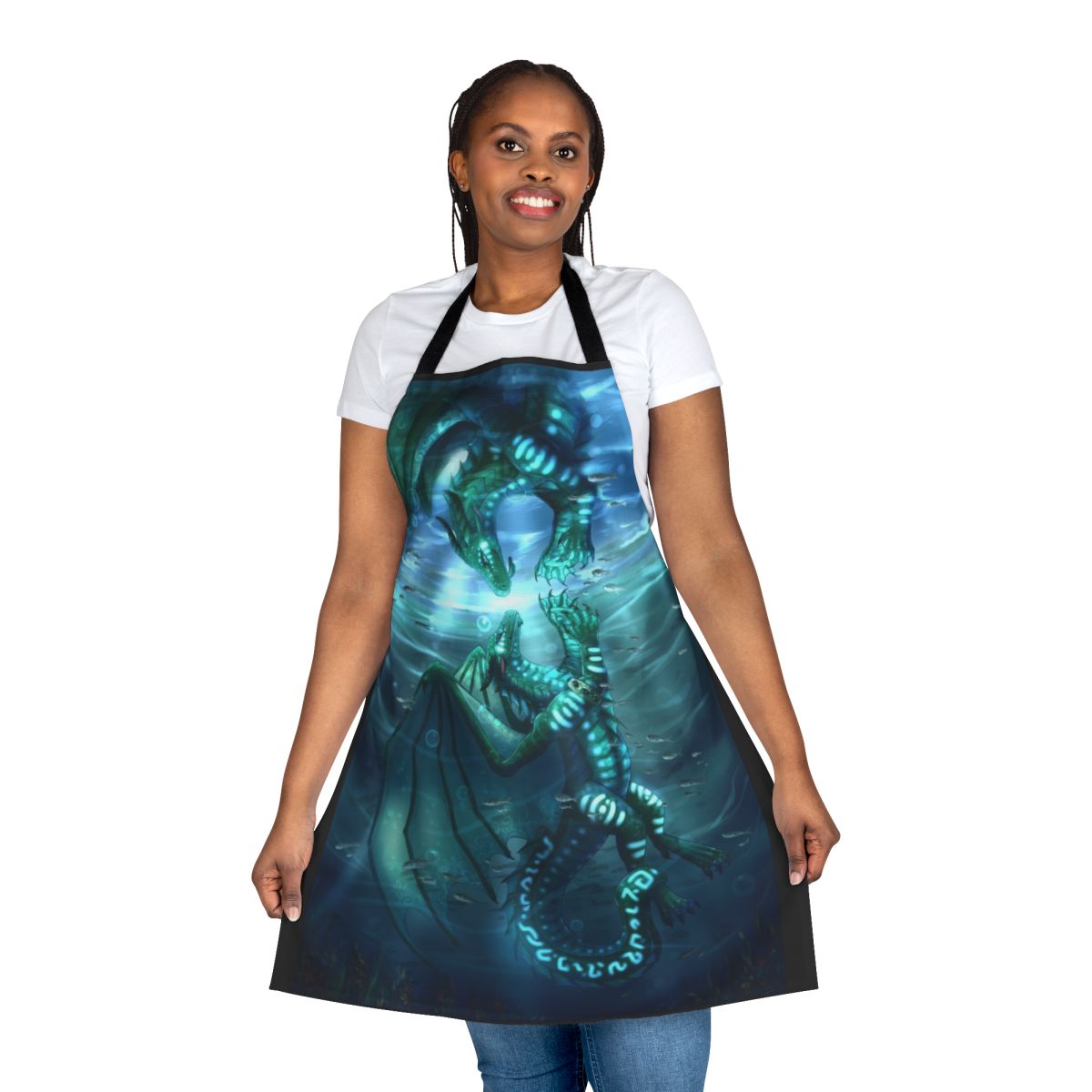 Teal dragon and turtle design printed on a high-quality apron