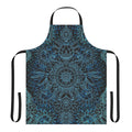 Teal, aqua, and black floral and botanical doodle pattern printed on an apron