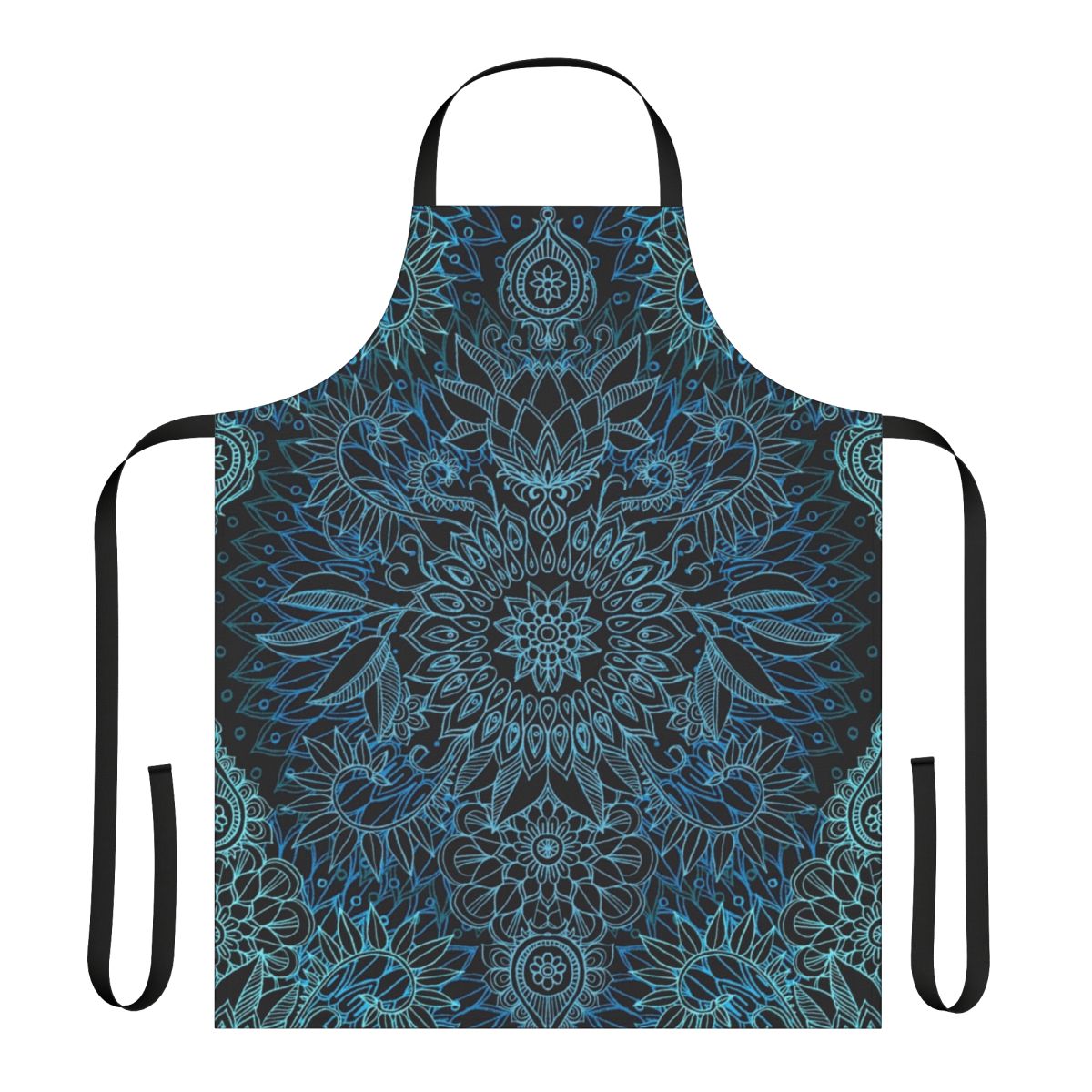 Teal, aqua, and black floral and botanical doodle pattern printed on an apron