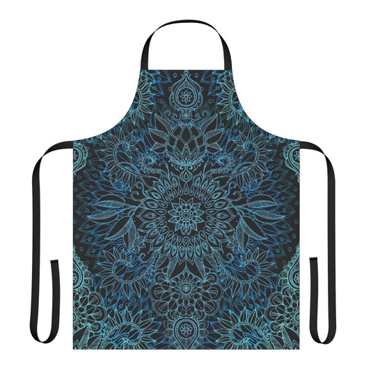 Teal, aqua, and black floral and botanical doodle pattern printed on an apron