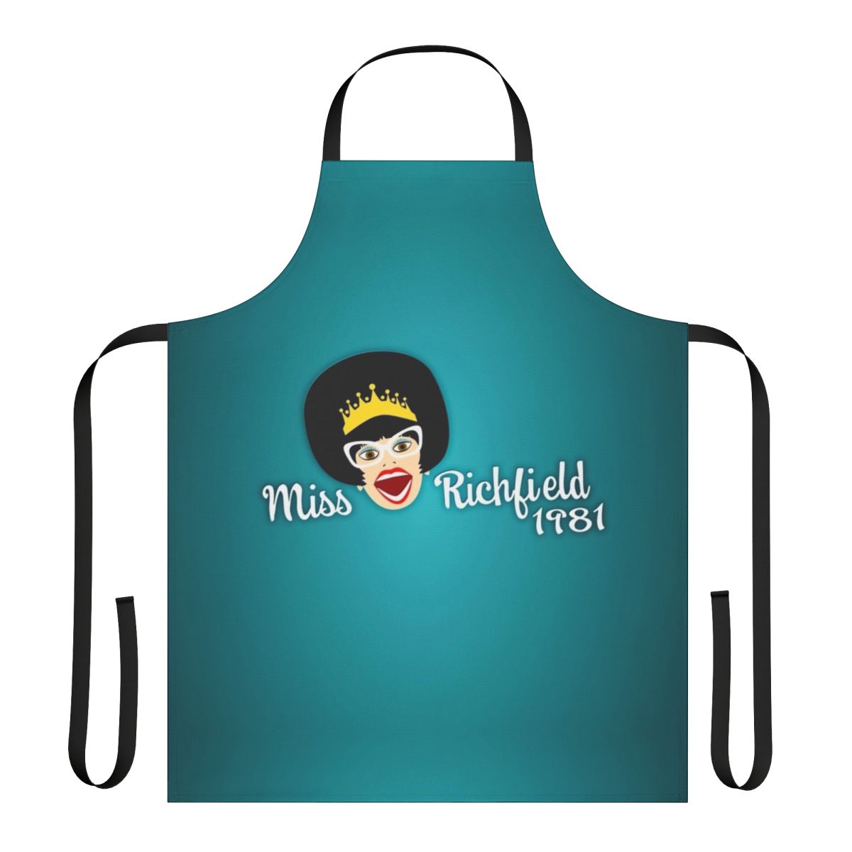 Teal apron with full face design inspired by Miss Richfield 1981