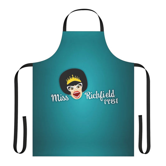 Teal apron with full face design inspired by Miss Richfield 1981