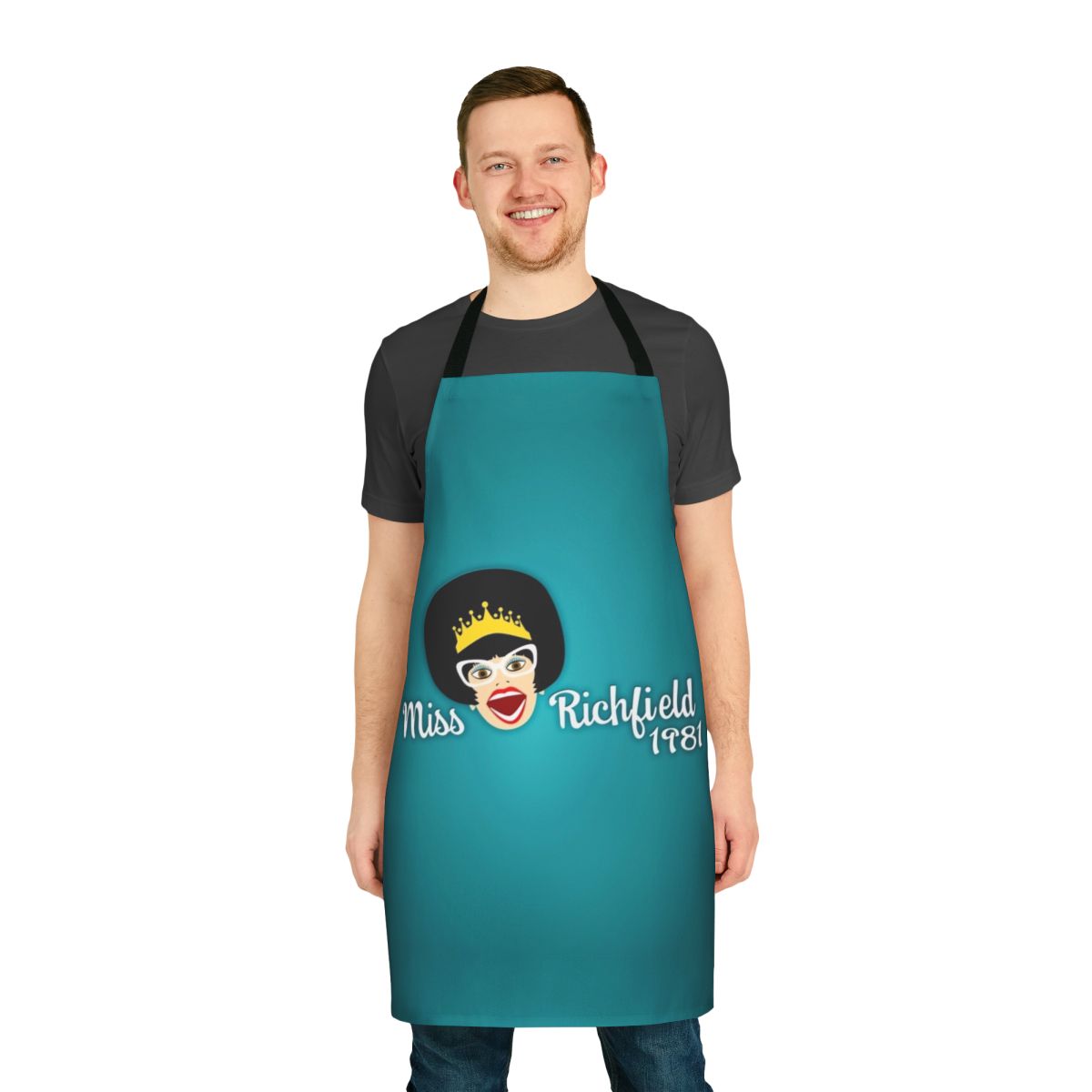 Teal apron with full face design inspired by Miss Richfield 1981