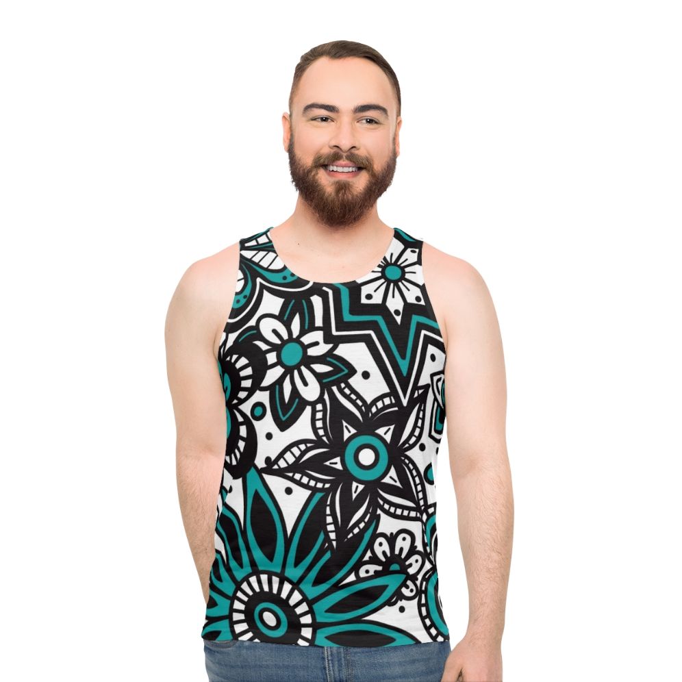 Teal and white floral print unisex tank top