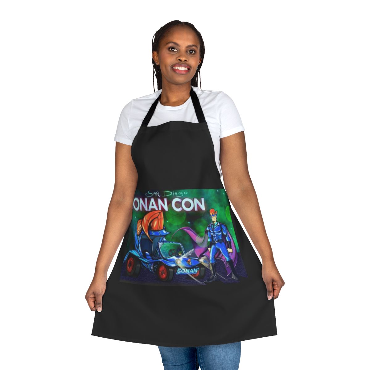 Conan-themed apron featuring the Team Coco logo