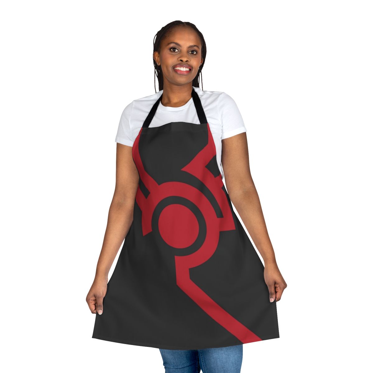 Techno-inspired apron with a simple, minimalist design featuring circles and circuits