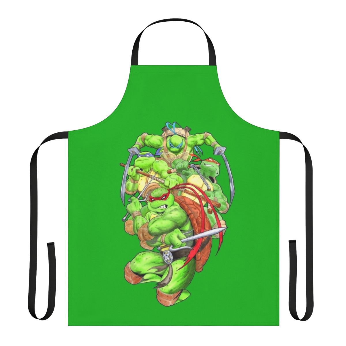 Colorful TMNT-themed kitchen apron featuring the four Ninja Turtles and their mentor Splinter
