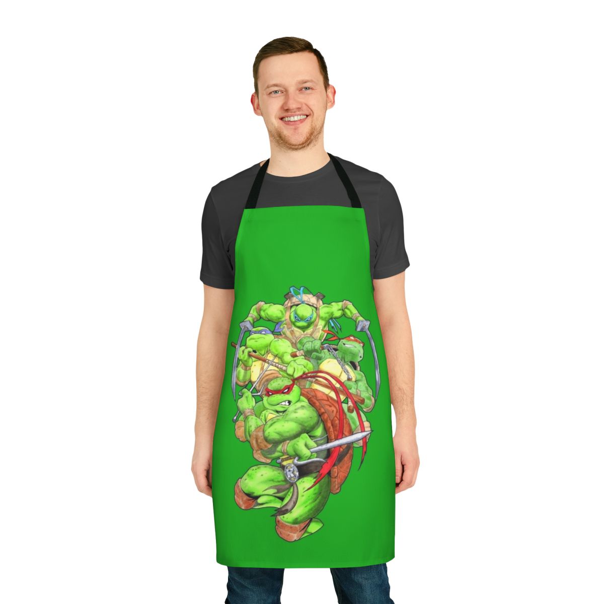 Colorful TMNT-themed kitchen apron featuring the four Ninja Turtles and their mentor Splinter