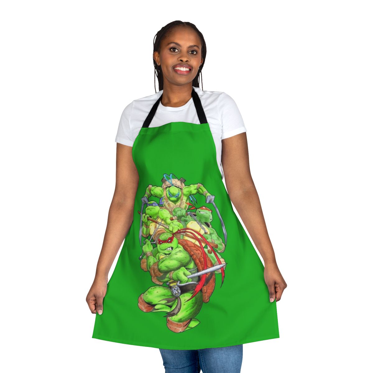 Colorful TMNT-themed kitchen apron featuring the four Ninja Turtles and their mentor Splinter