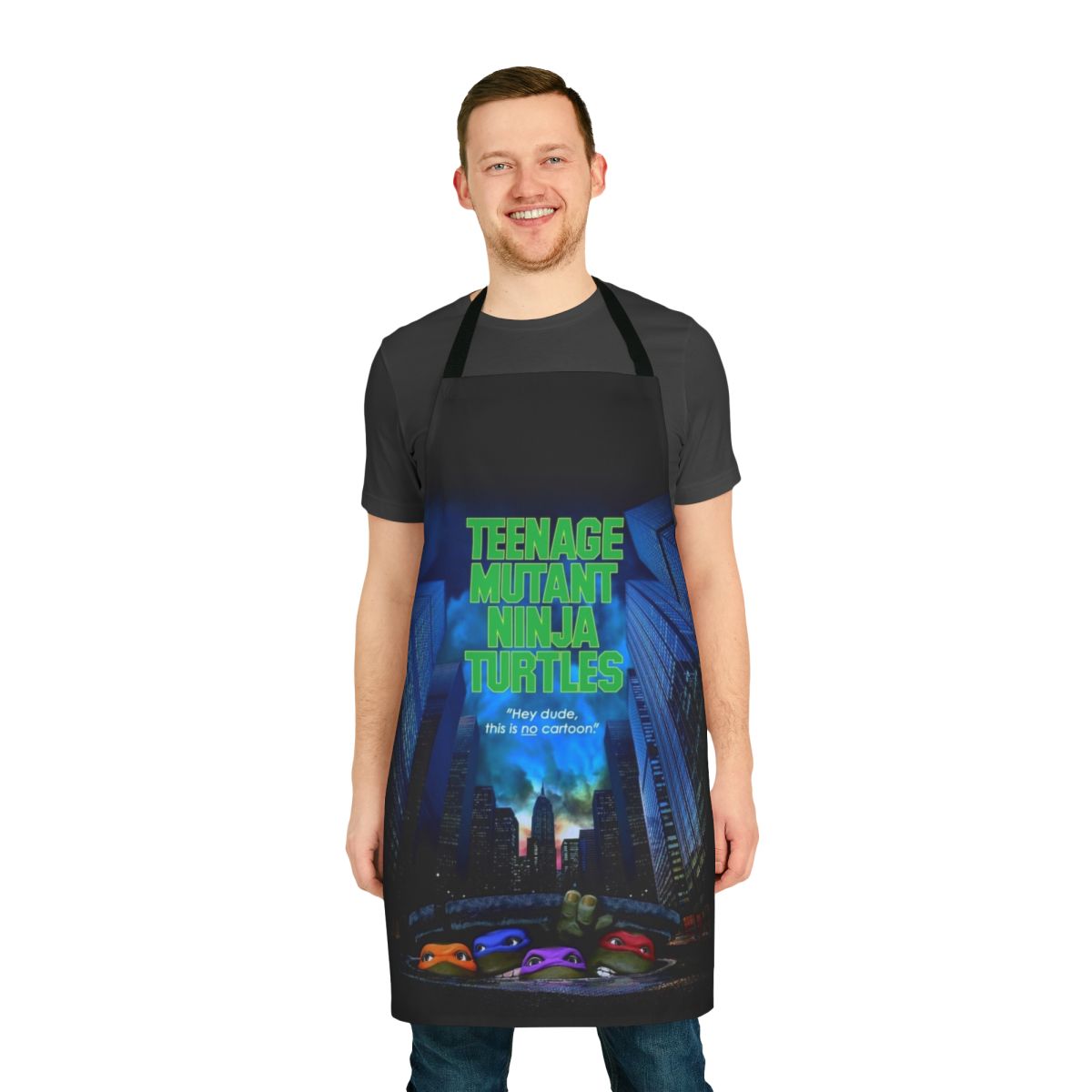 Teenage Mutant Ninja Turtles inspired kitchen apron featuring the iconic turtles and their logo
