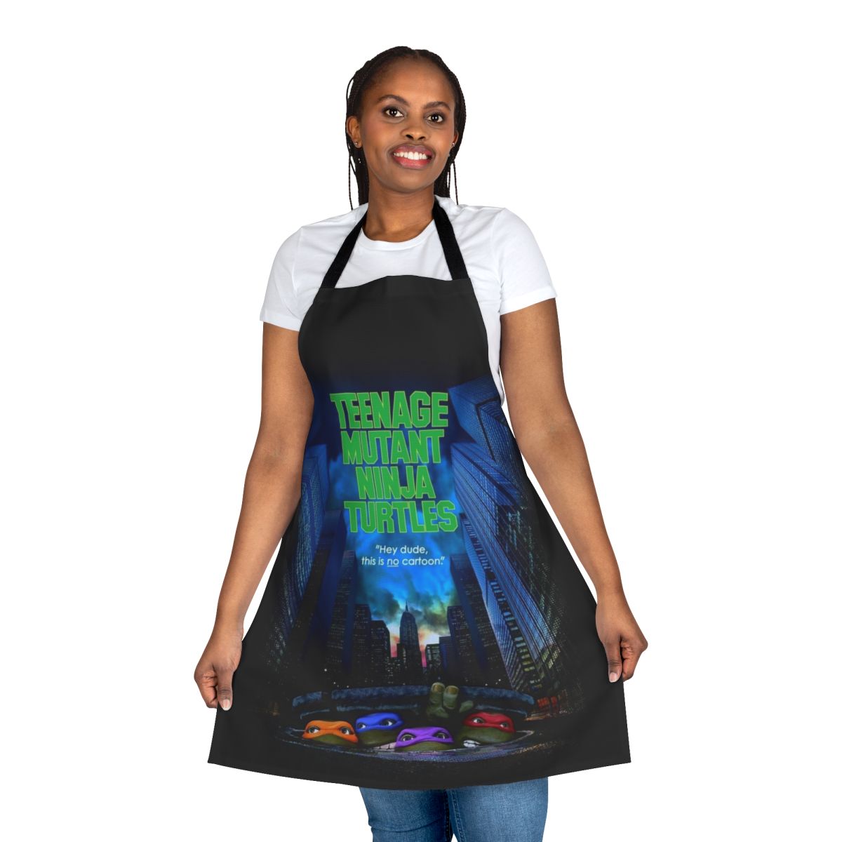 Teenage Mutant Ninja Turtles inspired kitchen apron featuring the iconic turtles and their logo