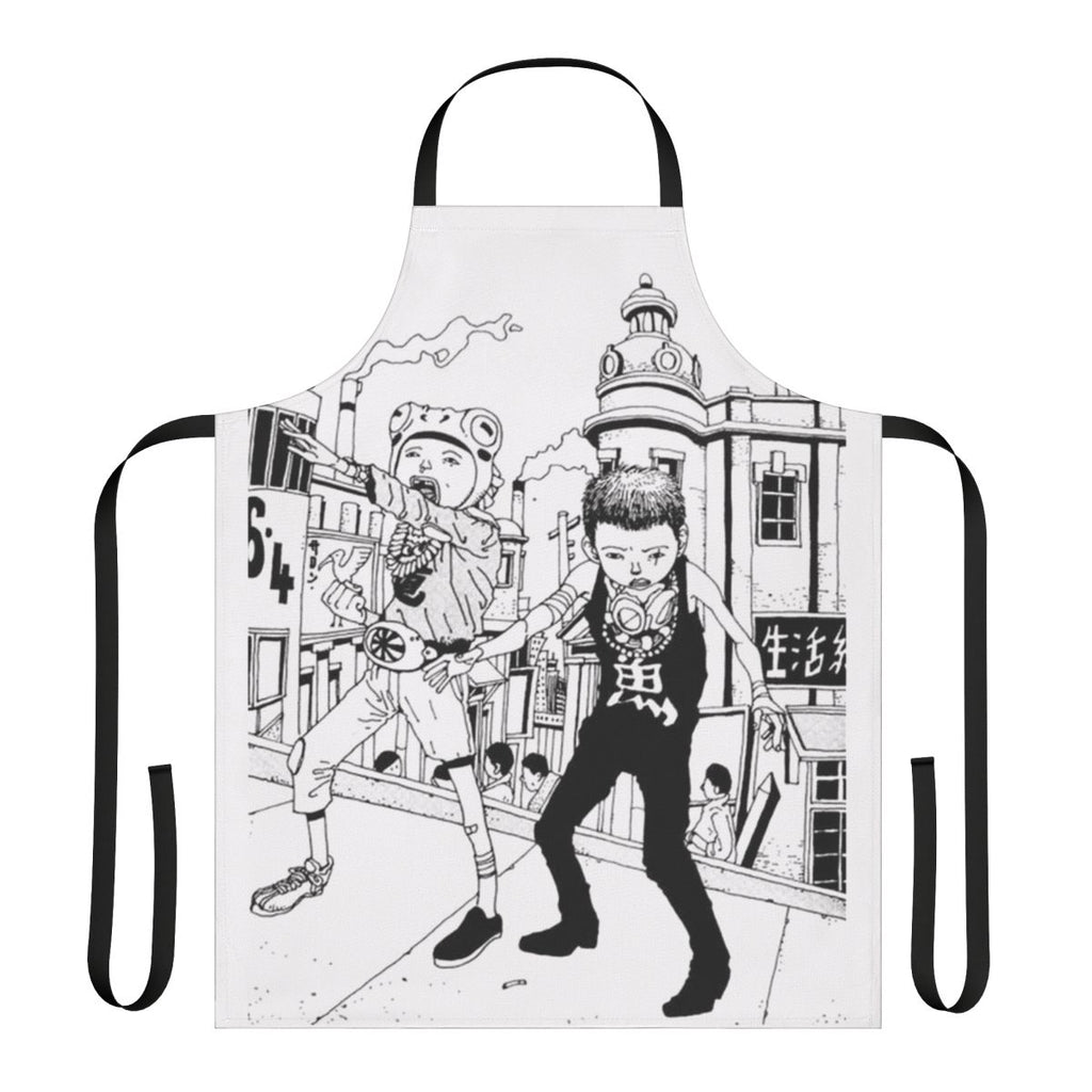 Apron with illustrations of cats, rats, and dogs in a city, inspired by the anime Tekkon Kinkreet