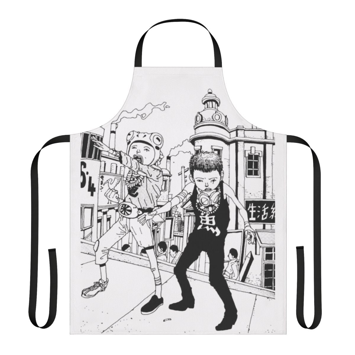 Apron with illustrations of cats, rats, and dogs in a city, inspired by the anime Tekkon Kinkreet