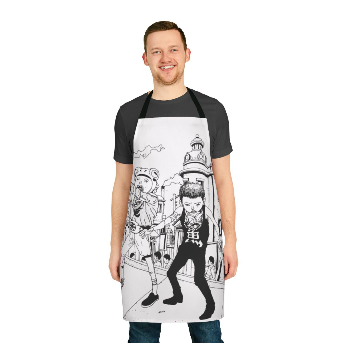 Apron with illustrations of cats, rats, and dogs in a city, inspired by the anime Tekkon Kinkreet