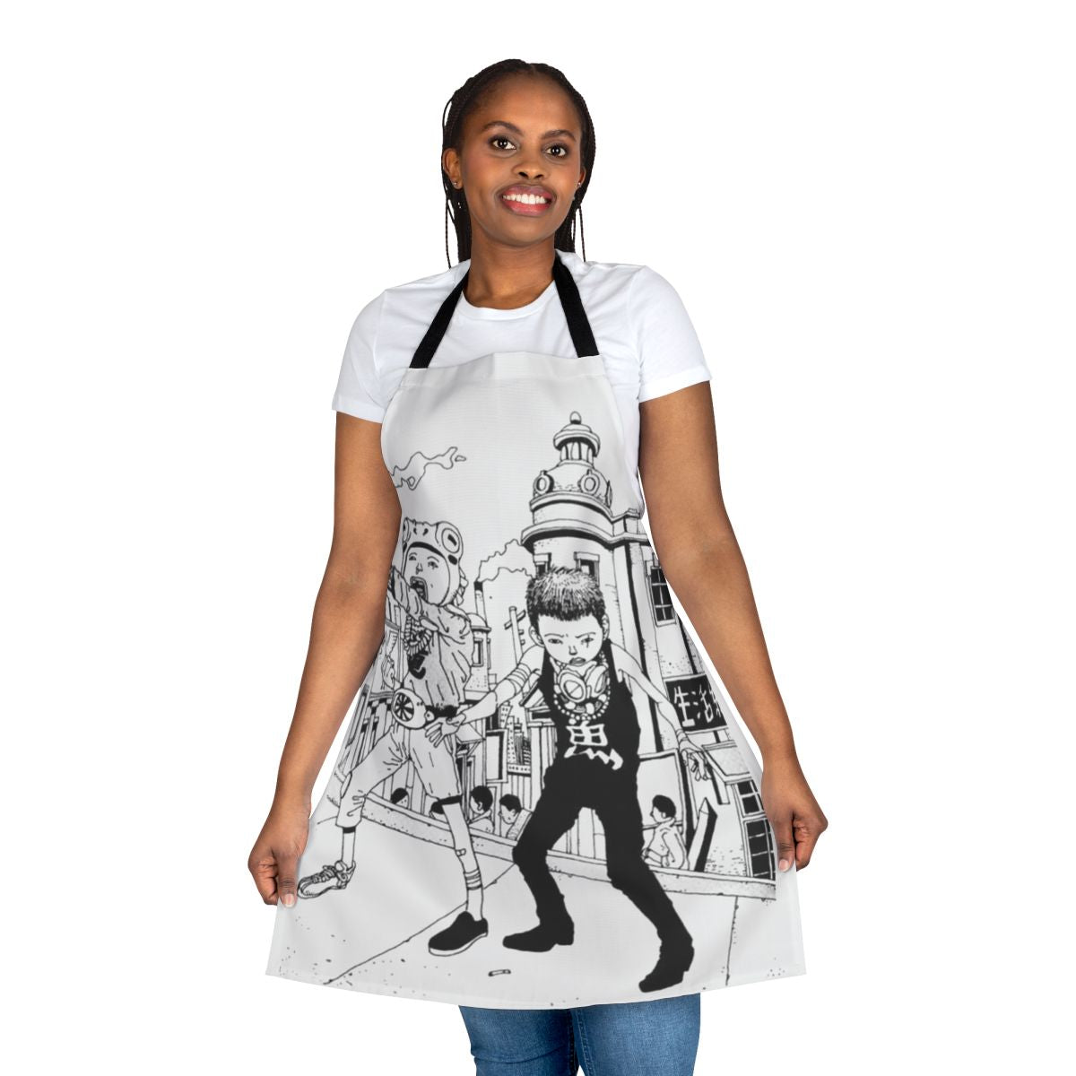 Apron with illustrations of cats, rats, and dogs in a city, inspired by the anime Tekkon Kinkreet