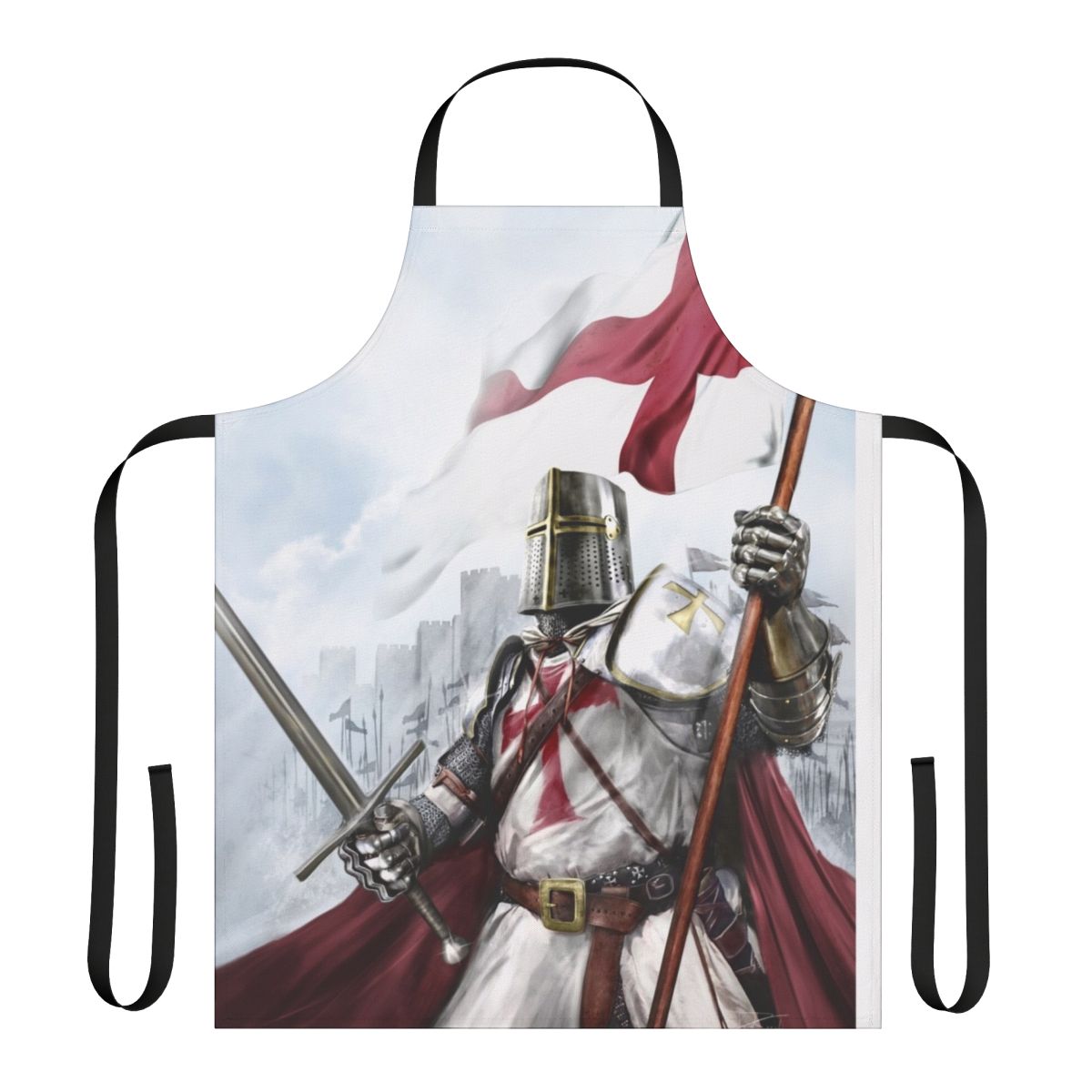 Templar Knight-inspired Medieval Apron with Cross, Broadsword, and Castle Imagery