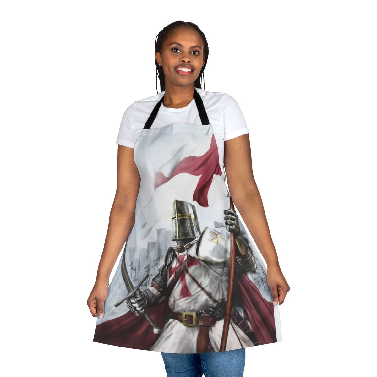 Templar Knight-inspired Medieval Apron with Cross, Broadsword, and Castle Imagery