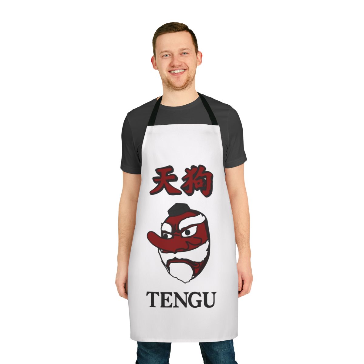 Red-faced Tengu creature apron with long nose, inspired by the No More Heroes video game series