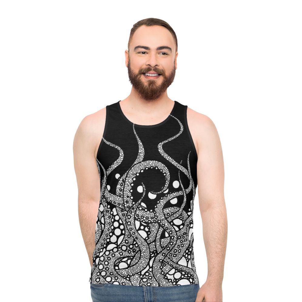 Tentacles Unisex Tank Top featuring line art of octopus, squid, and kraken