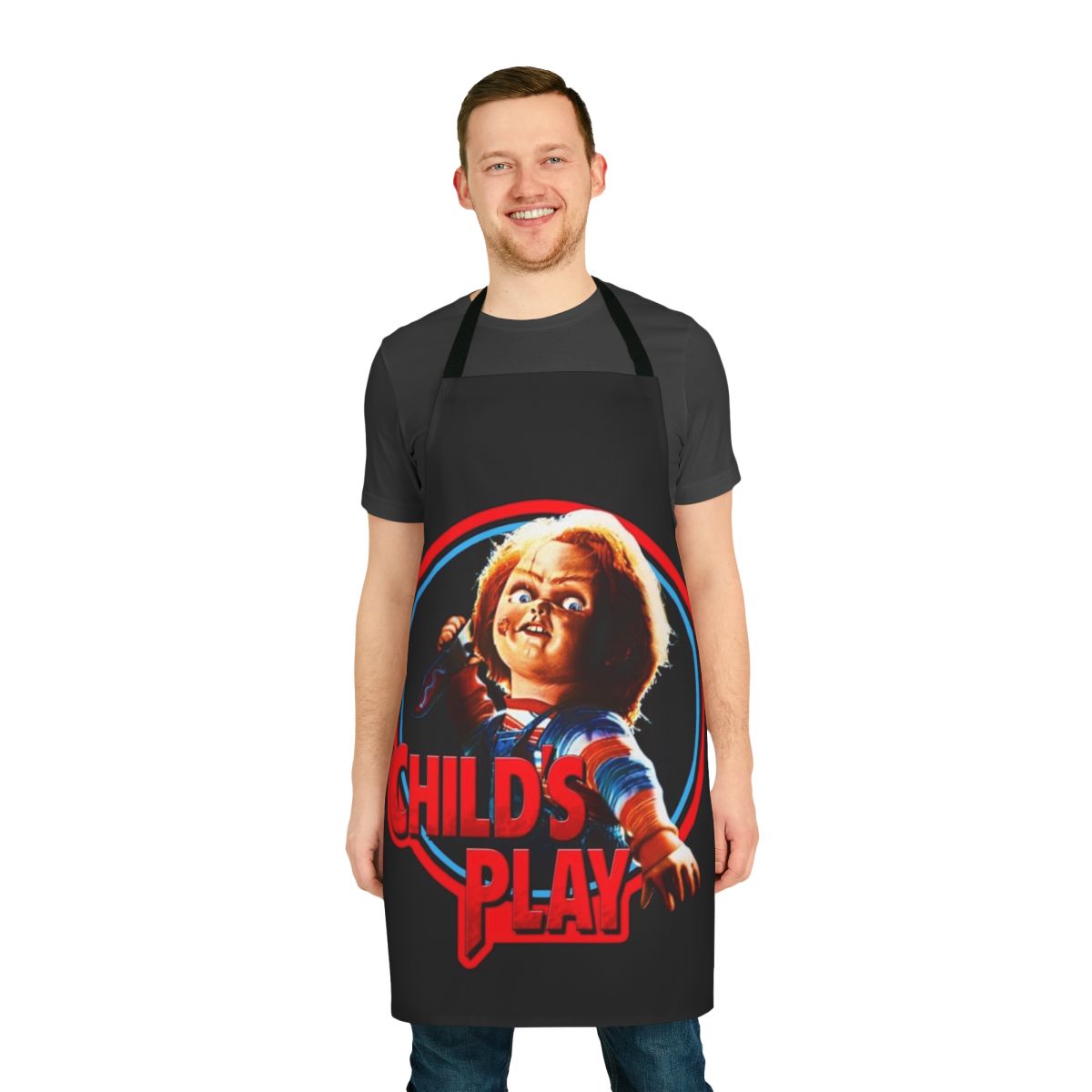 Chucky-themed apron with horror imagery and text