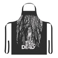 A black apron with a frightening, dark graphic inspired by the Evil Dead horror movie franchise