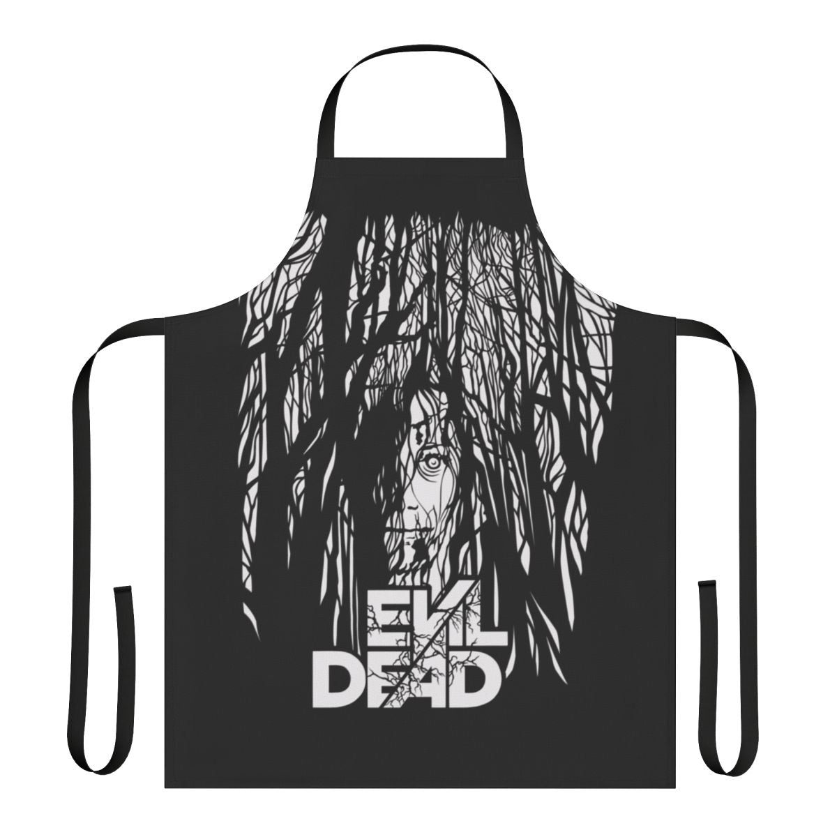 A black apron with a frightening, dark graphic inspired by the Evil Dead horror movie franchise