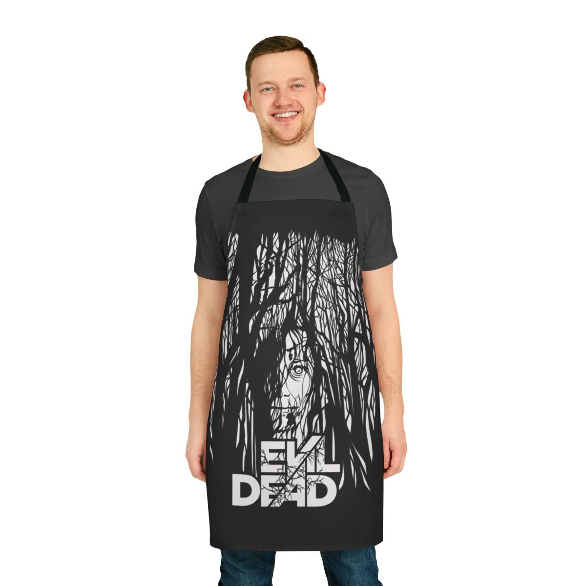 A black apron with a frightening, dark graphic inspired by the Evil Dead horror movie franchise