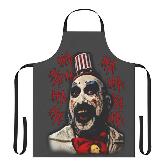 Frightening horror-themed apron featuring the iconic character Captain Spaulding from the House of 1000 Corpses and The Devil's Rejects films.