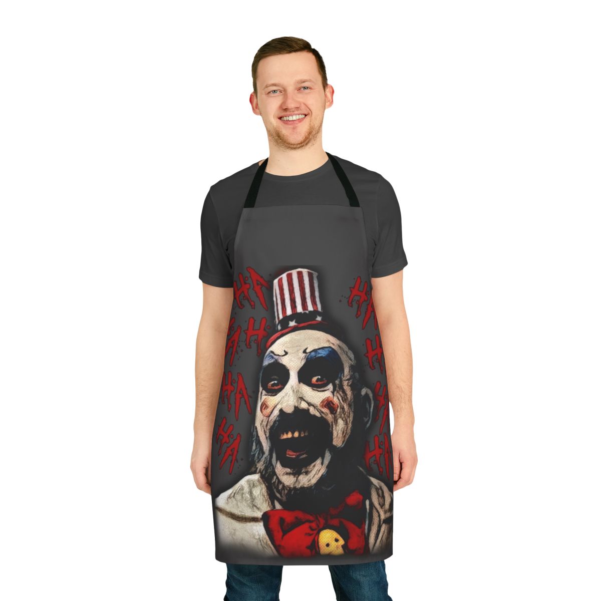 Frightening horror-themed apron featuring the iconic character Captain Spaulding from the House of 1000 Corpses and The Devil's Rejects films.