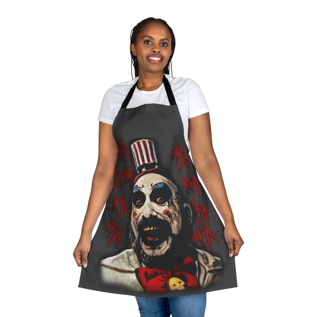 Frightening horror-themed apron featuring the iconic character Captain Spaulding from the House of 1000 Corpses and The Devil's Rejects films.