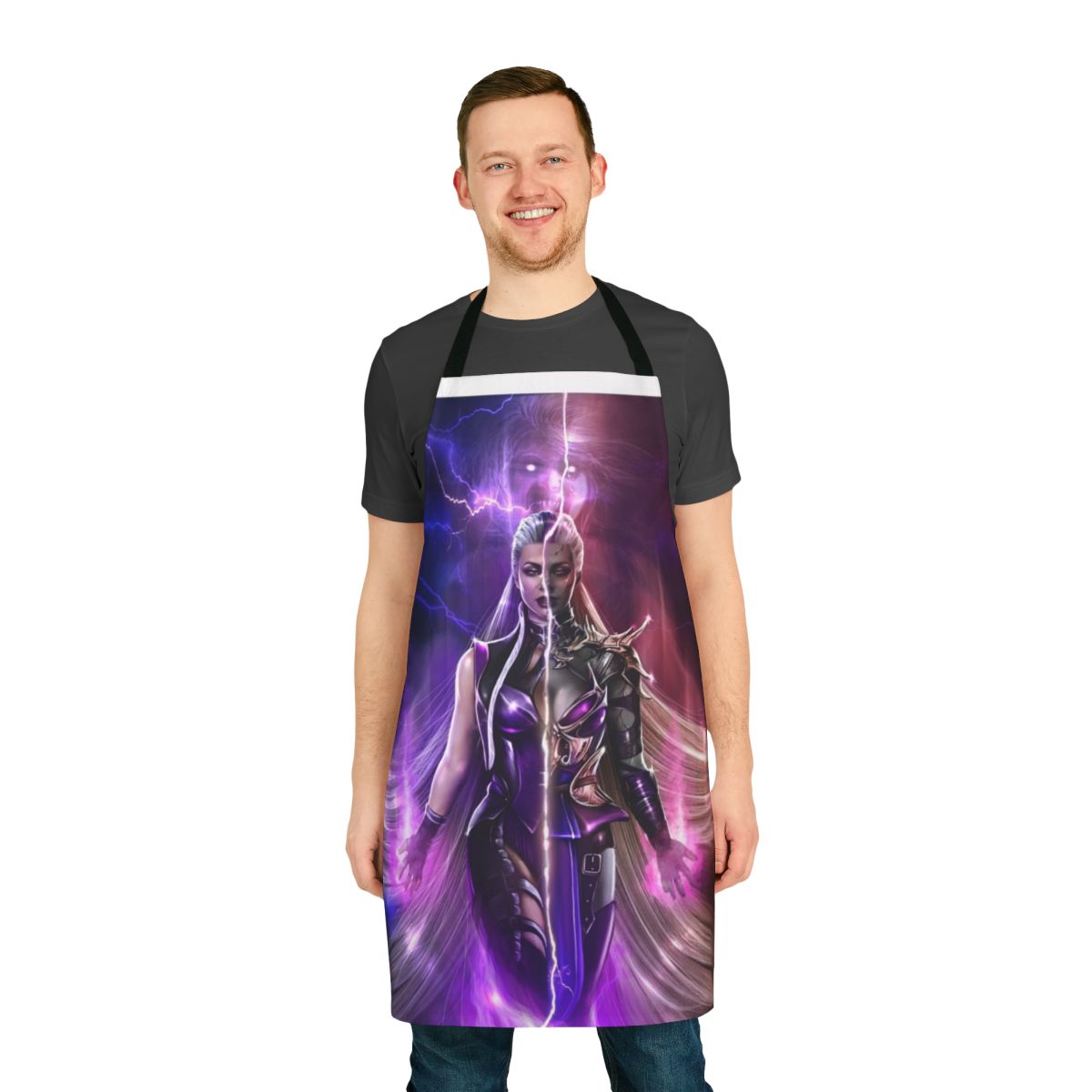 A black apron with a spooky, horror-themed design, perfect for adding a touch of the macabre to your kitchen.