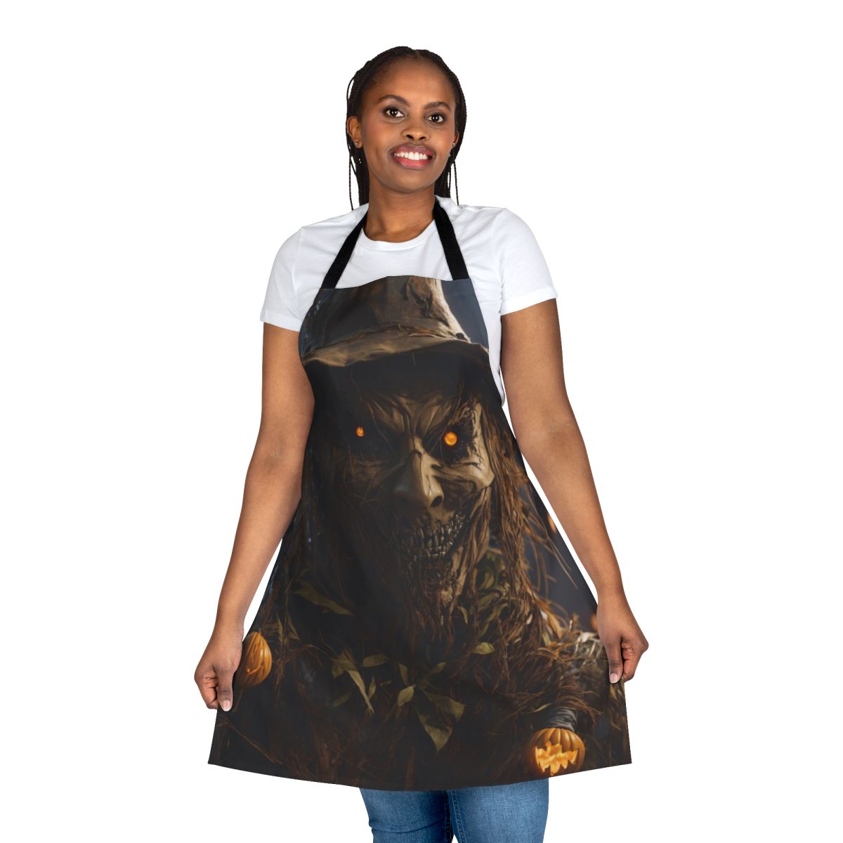 Frightening scarecrow-themed apron with blood-spattered design for Halloween