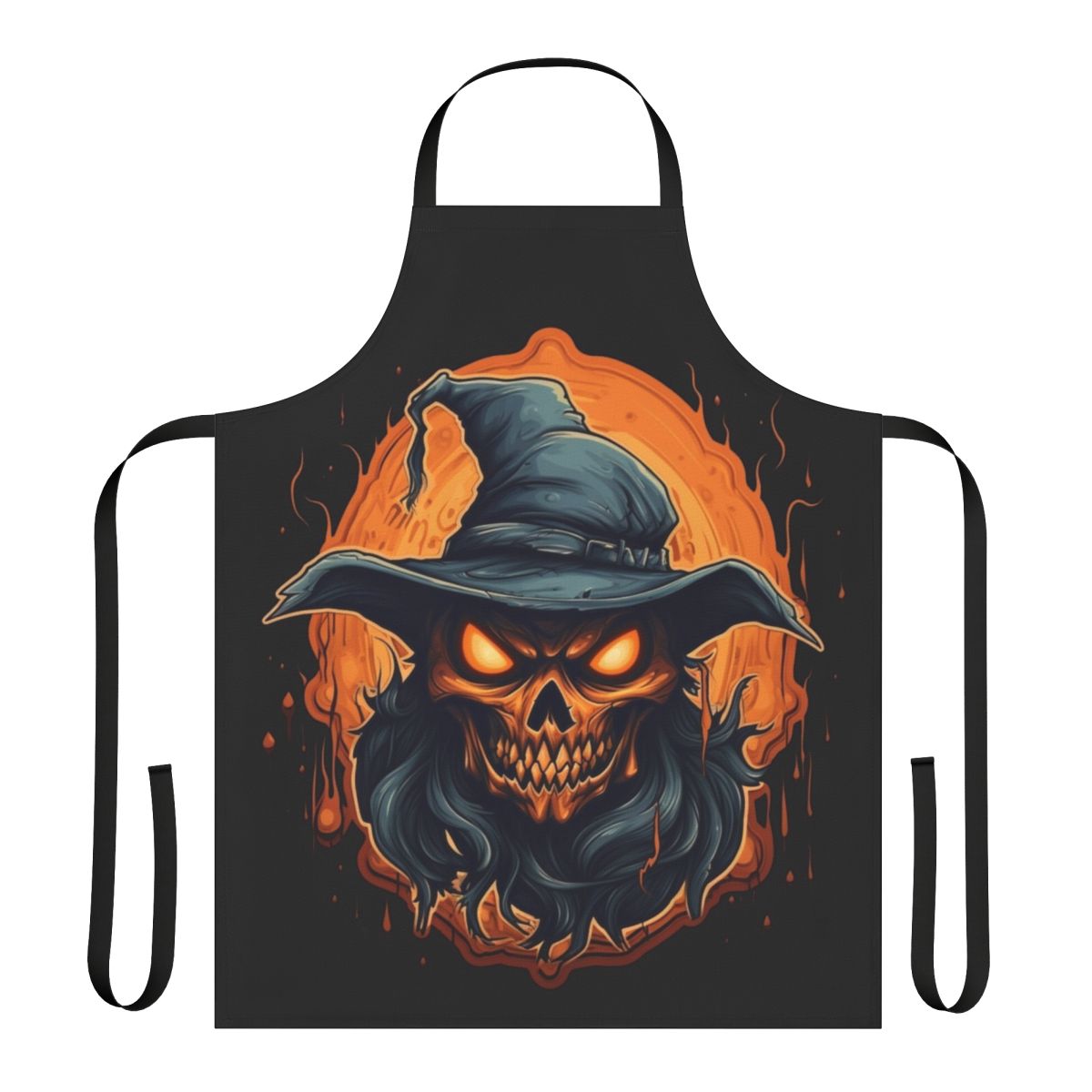 A black apron with a sinister, burning skull design inspired by the dark wizard Skeletor from fantasy fiction.
