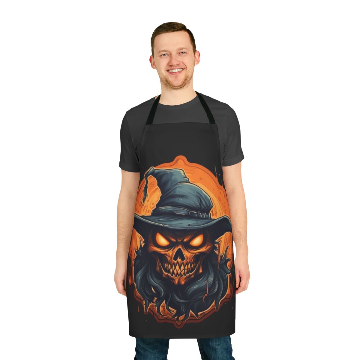 A black apron with a sinister, burning skull design inspired by the dark wizard Skeletor from fantasy fiction.