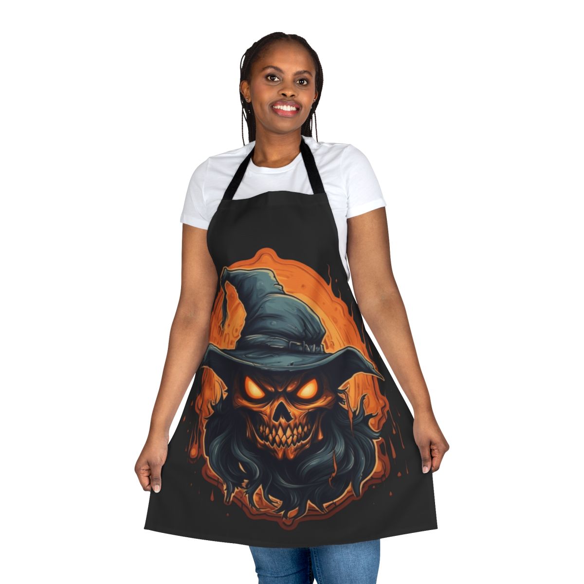 A black apron with a sinister, burning skull design inspired by the dark wizard Skeletor from fantasy fiction.